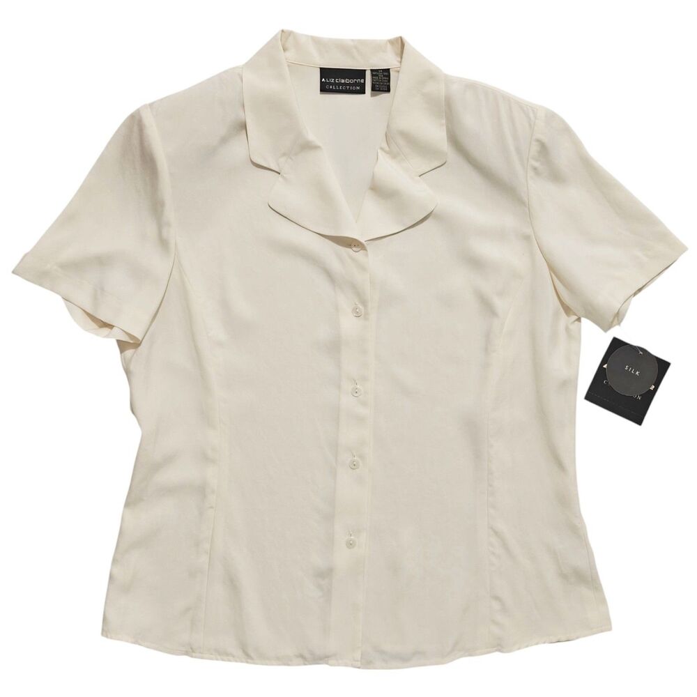 NEW Vtg 90s 100% Silk Top Liz Claiborne Cream Ivory Button Camp Shirt Blouse NWT